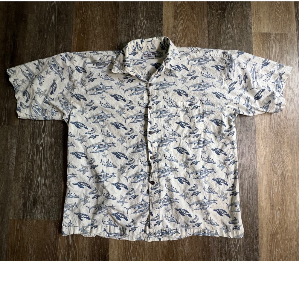 Pacific Scene Button Down Shirt Mens XL White Blue Marlin Turtle Starfish Cotton